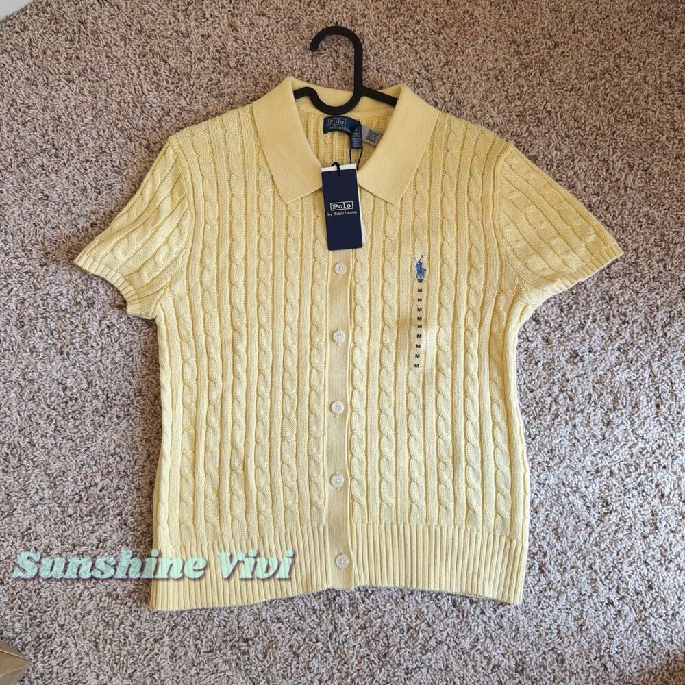 NEW Polo Ralph Lauren Women Cable-Knit Cotton Polo-Collar Cardigan yellow m